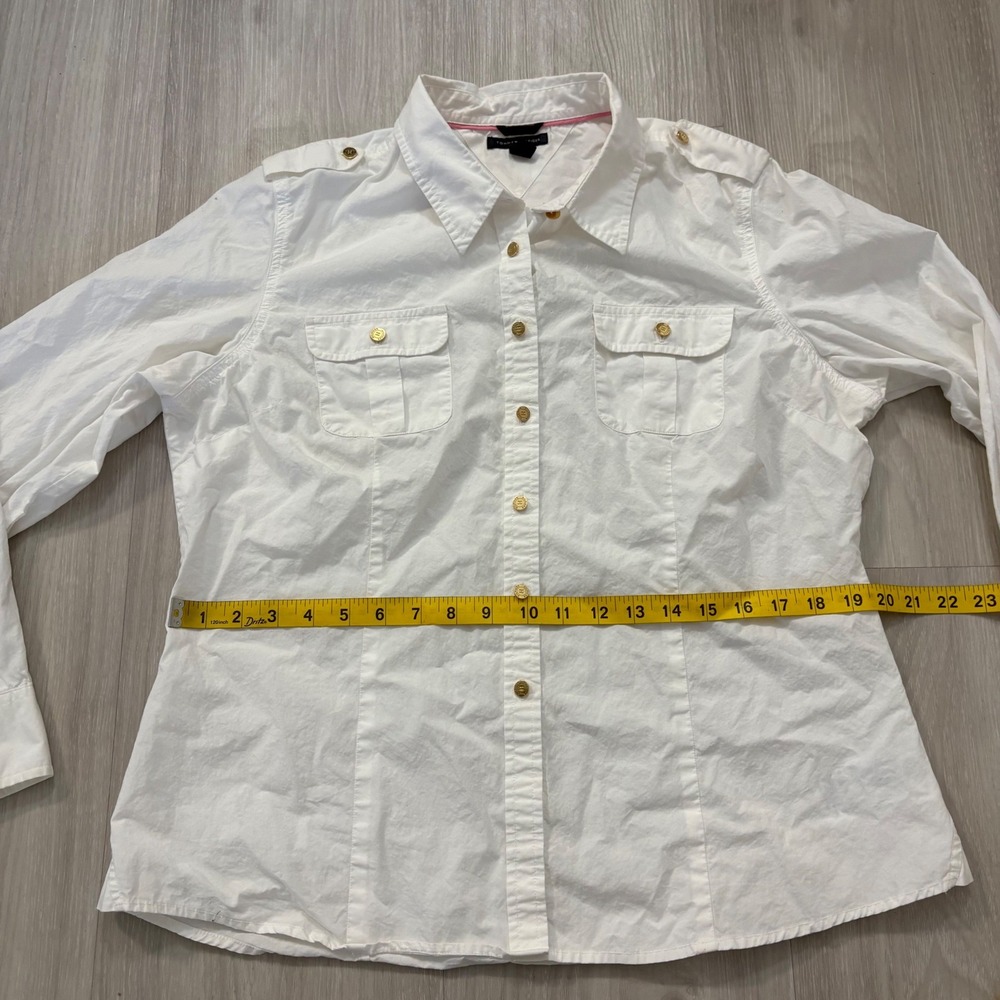 Tommy Hilfiger Womens Shirt White Button Down Utility Gold Buttons Epaulets XL - Picture 6 of 16